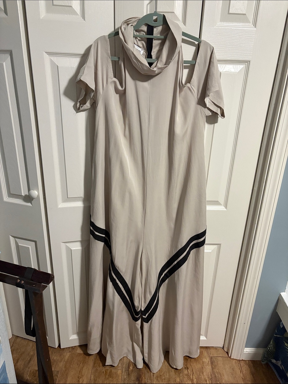 Women's Cream Cold-Shoulder Jumpsuit with Black Trim